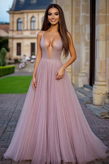 Sparkly Dusty Rose A-linje dyb V-hals tyl lang gallakjole